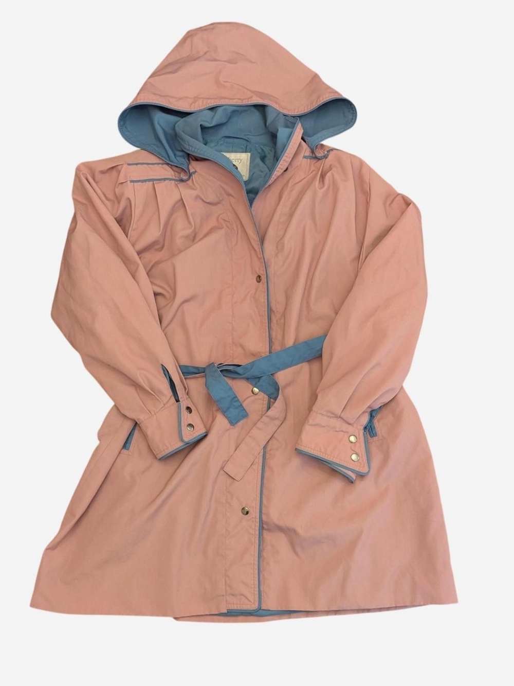 Vintage Mulberry Street Hooded Trench Coat in Dusty Rose with Blue Trim